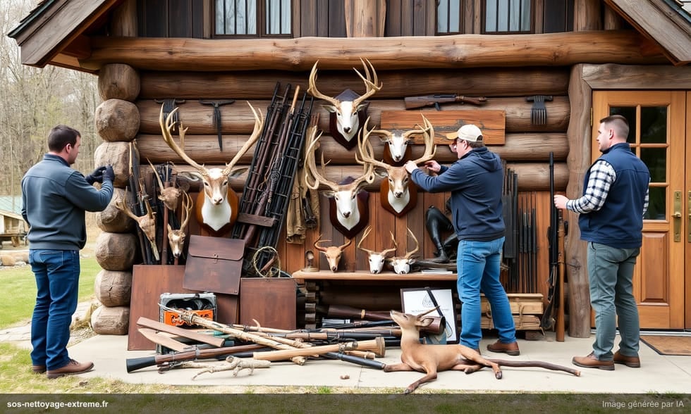Débarras de maison de chasse avec trophées et matériel