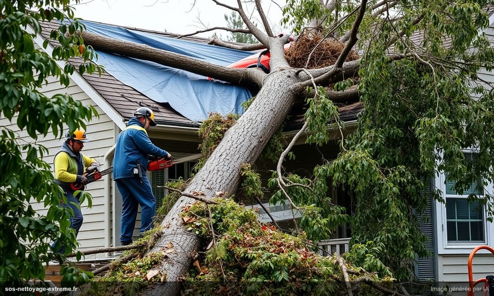 Nettoyage après tempête et chute d'arbre sur habitation