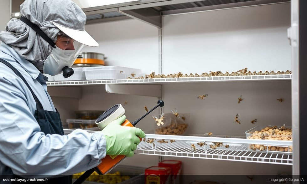 Nettoyage après mites alimentaires dans une cuisine professionnelle