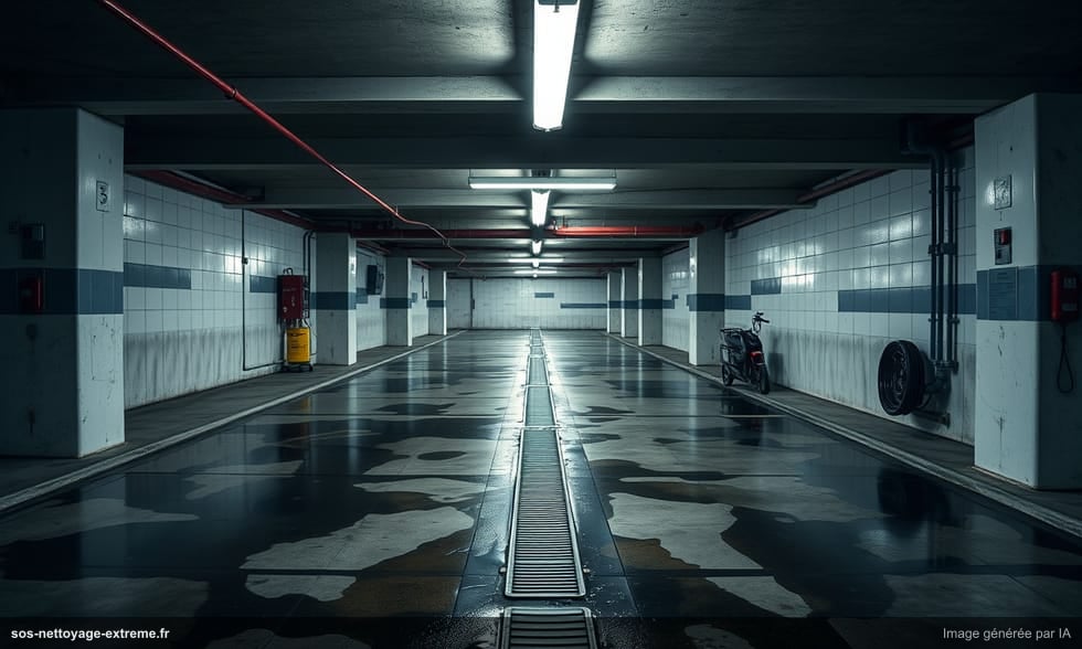 Nettoyage de parking sous-sol : inondation et hydrocarbures