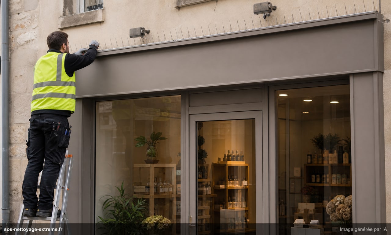 Pigeons sur commerce : enseigne, façade, entrée