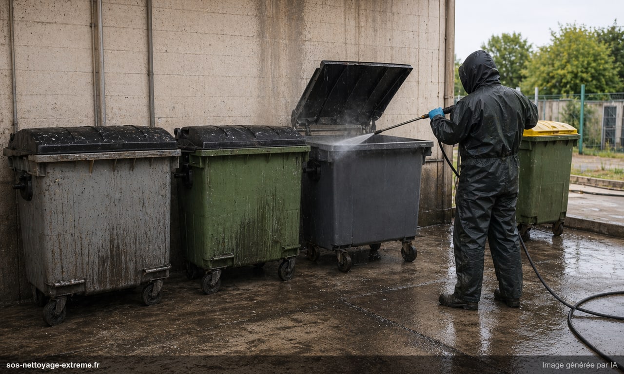 Illustration d’un lavage-désinfection de containers poubelles à Mulhouse