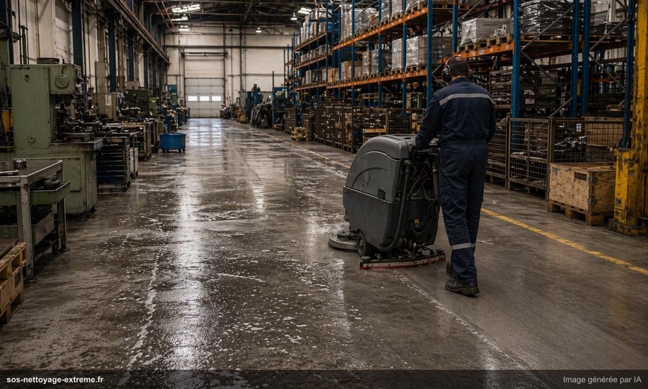 Illustration d’un protocole de nettoyage industriel en entrepôt ou usine à Le Mans