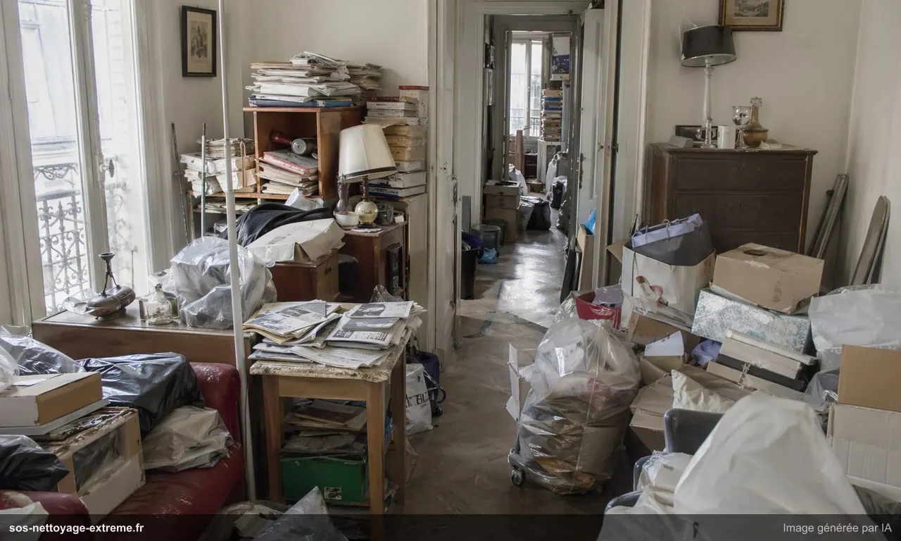 Illustration d’un logement très encombré avec circulations bloquées en France
