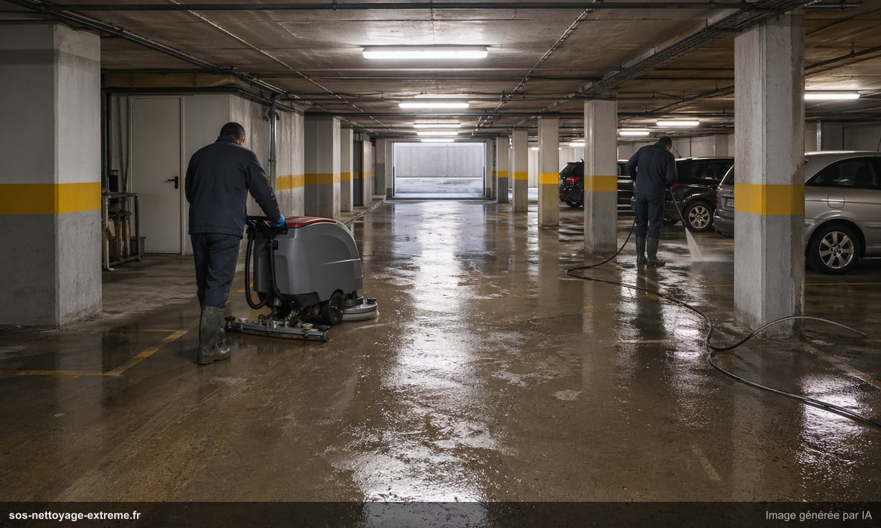 Illustration d’un protocole de nettoyage de parking ou sous-sol à Le Mans
