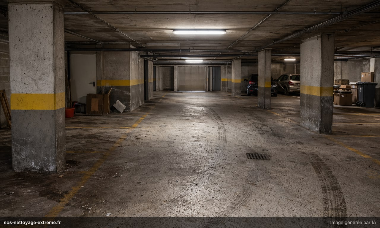 Illustration d’un parking ou sous-sol encrassé avant nettoyage à Le Mans