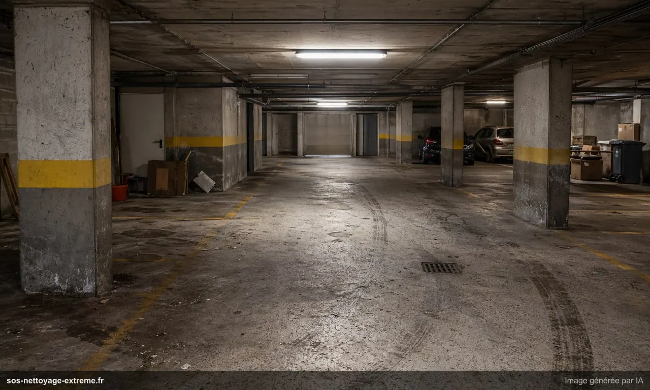 Illustration d’un parking ou sous-sol encrassé avant nettoyage en France