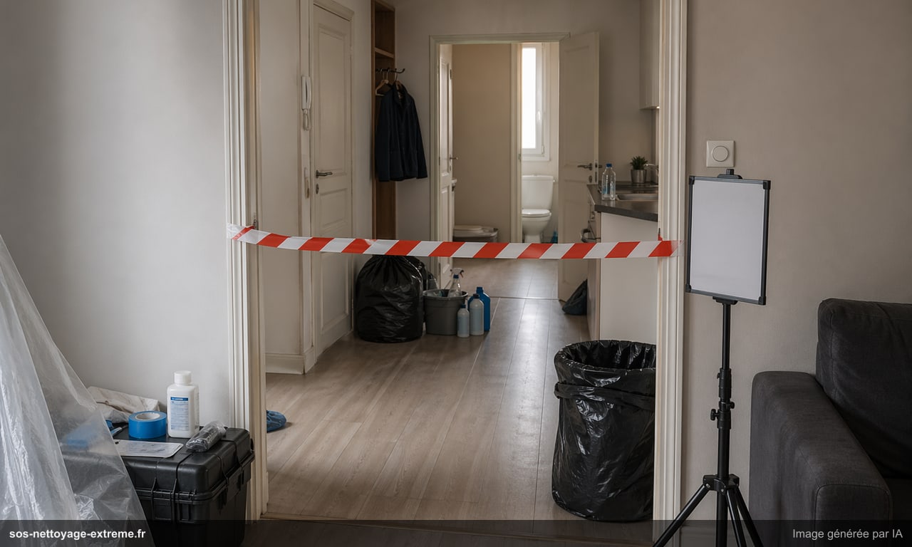 Illustration d’une zone sécurisée avant nettoyage de scène de crime à Reims