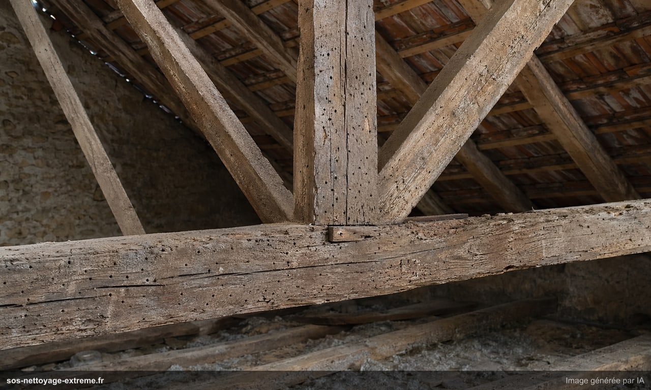 Illustration de bois attaqués avant traitement xylophage à Saint-Denis