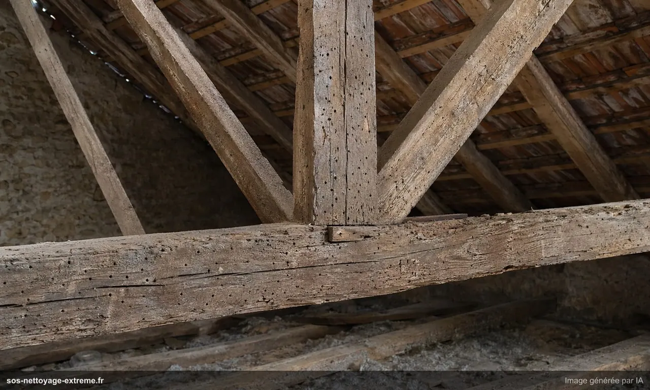 Illustration de bois attaqués avant traitement xylophage en France