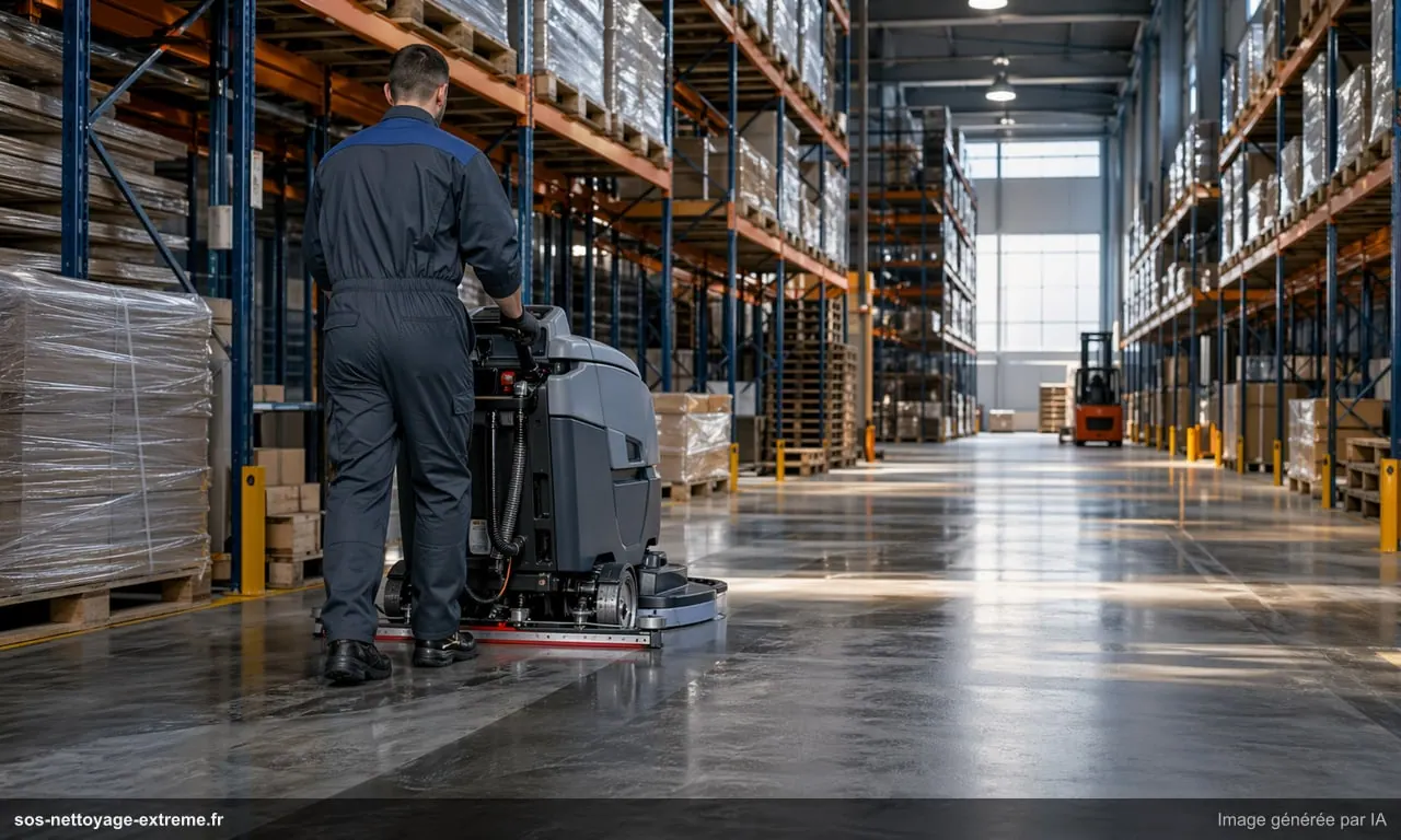 Nettoyage entrepôt et usine : sols industriels, racks et machines
